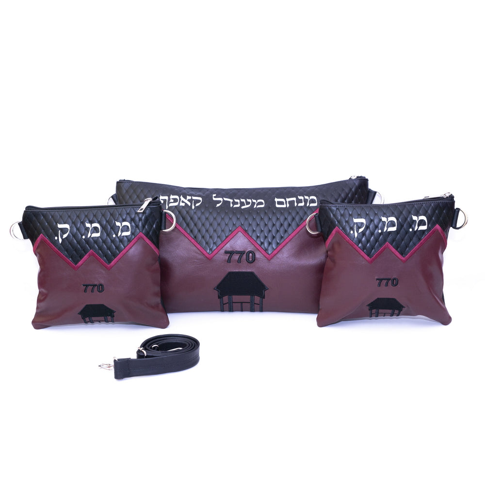 Tallis & Tefillin Leather Bags - Black/Dark Red with Embroidery - B169