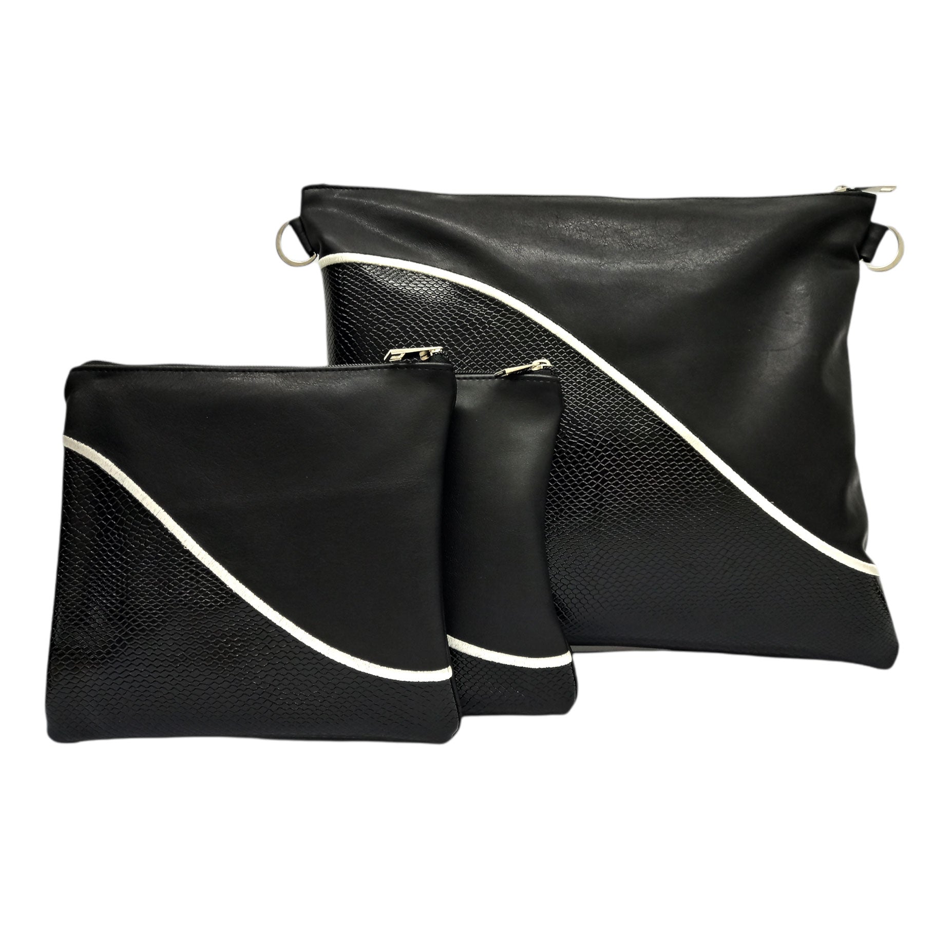 Tallis & Tefillin Leather Bags - Multi-Textured Black with Silver Embroidery - B193