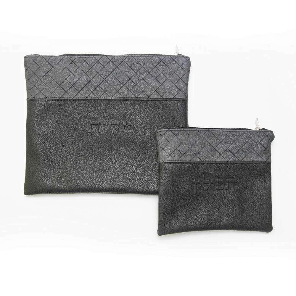 Tallis & Tefillin Leather Bags - Gray with Black Embroidery/Black - B72