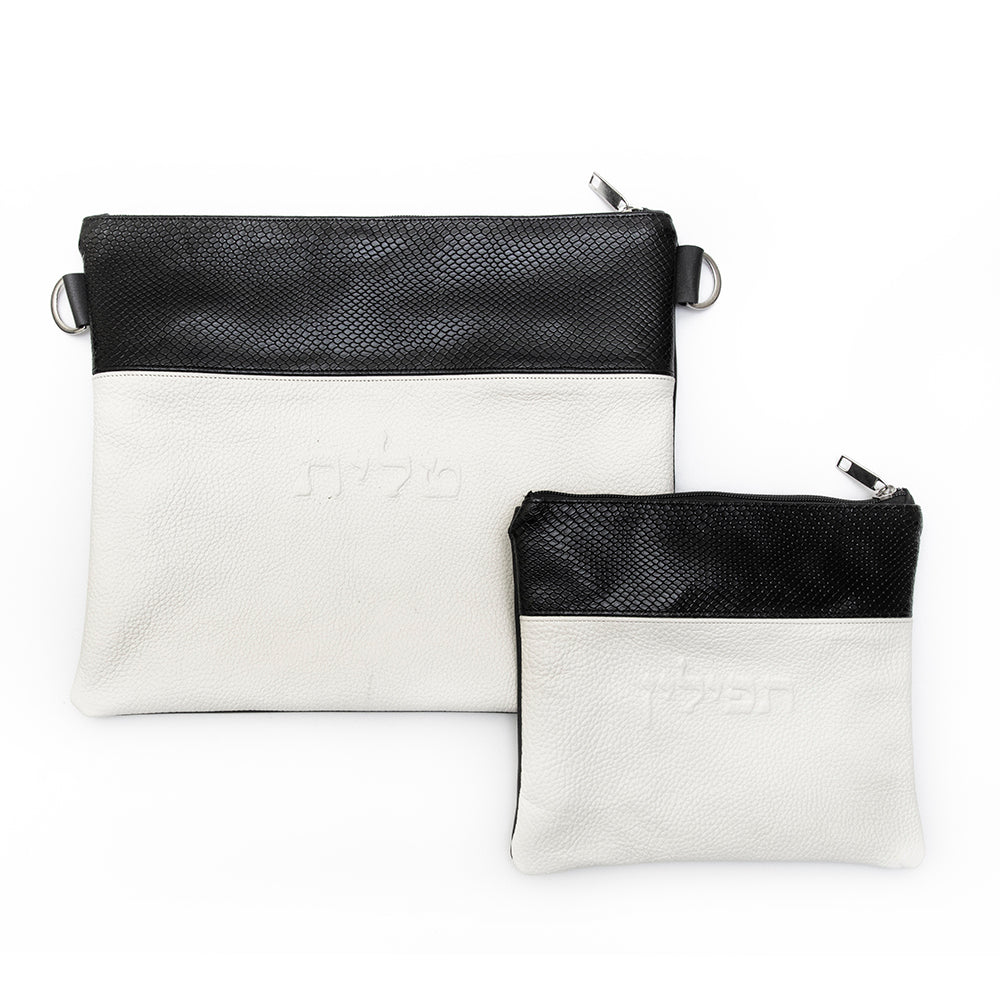 Tallis & Tefillin Leather Bags - Multi-Textured - Black Snake/White - B98